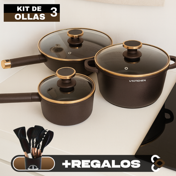 Conjunto Completo de 3 Ollas en Acero Inox Antideslizante con Mango de Madera +REGALO: Kit de Utensilios de Cocina