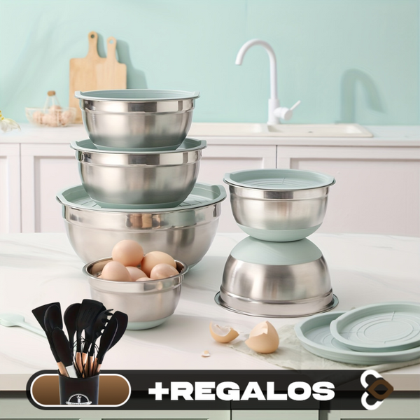 Conjunto de 6 Recipientes de Acero Inoxidable con Tapas de Silicona Multifuncionales +REGALOS: Kit de Utensilios de Cocina